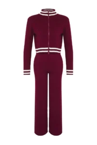 TRENDYOLMİLLA Burgundy Zippered Knitwear Top and Bottom Set - Image 6