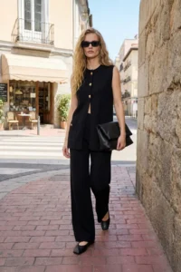TRENDYOLMİLLA Black Wide Pattern Button Detailed Vest-Pants Knitwear Top and Bottom Set