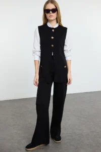TRENDYOLMİLLA Black Wide Pattern Button Detailed Vest-Pants Knitwear Top and Bottom Set - Image 2