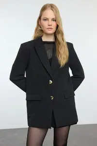 TRENDYOLMİLLA Black Oversized Heart buttoned Weaving Blazer Jacket - Image 2