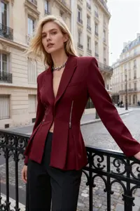 TRENDYOLMİLLA Burgundy Zipper Detailed Weaving Blazer Jacket
