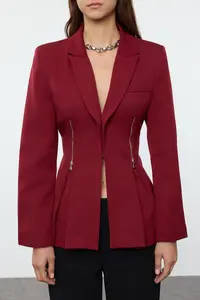 TRENDYOLMİLLA Burgundy Zipper Detailed Weaving Blazer Jacket - Image 2
