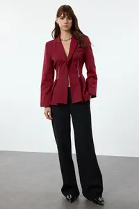 TRENDYOLMİLLA Burgundy Zipper Detailed Weaving Blazer Jacket - Image 3