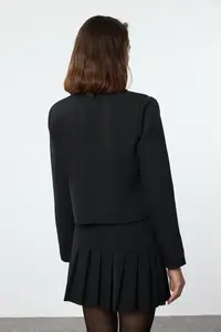 TRENDYOLMİLLA Black Bow/Ribbon Detailed Shirt Collar Crop Weaving Blazer Jacket - Image 5