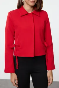 TRENDYOLMİLLA Red Bow/Ribbon Detailed Shirt Collar Crop Weaving New year Blazer Jacket - Image 2
