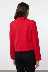 TRENDYOLMİLLA Red Bow/Ribbon Detailed Shirt Collar Crop Weaving New year Blazer Jacket - Image 4