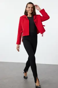 TRENDYOLMİLLA Red Bow/Ribbon Detailed Shirt Collar Crop Weaving New year Blazer Jacket - Image 5