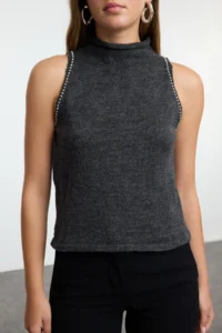 TRENDYOLMİLLA Anthracite Soft textured Stone Embroidered Knitwear Blouse - Image 3