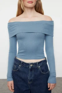 TRENDYOLMİLLA Indigo Carmen Collar Crop/Short Flexible Knitting Blouse - Image 3