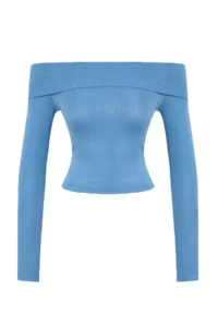 TRENDYOLMİLLA Indigo Carmen Collar Crop/Short Flexible Knitting Blouse - Image 6