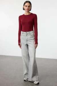 TRENDYOLMİLLA Burgundy Viscose/Soft Fabric Flexible Knitting Blouse with Fingering Detail
