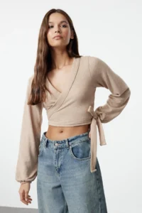 TRENDYOLMİLLA Beige soft Binding Detailed Long Sleeve Knitting Blouse