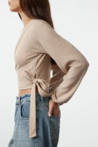 TRENDYOLMİLLA Beige soft Binding Detailed Long Sleeve Knitting Blouse - Image 4