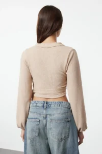 TRENDYOLMİLLA Beige soft Binding Detailed Long Sleeve Knitting Blouse - Image 5