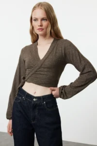 TRENDYOLMİLLA Brown soft Binding Detailed Long Sleeve Knitting Blouse - Image 2
