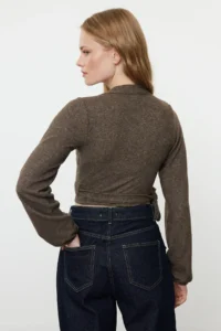 TRENDYOLMİLLA Brown soft Binding Detailed Long Sleeve Knitting Blouse - Image 5