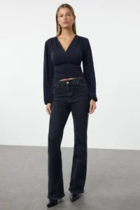 TRENDYOLMİLLA Navy Blue Double breasted Ruffle/Drape Detailed Long Sleeve Flexible Knitting Blouse