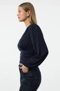TRENDYOLMİLLA Navy Blue Double breasted Ruffle/Drape Detailed Long Sleeve Flexible Knitting Blouse - Image 2