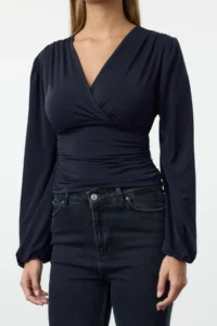 TRENDYOLMİLLA Navy Blue Double breasted Ruffle/Drape Detailed Long Sleeve Flexible Knitting Blouse - Image 4