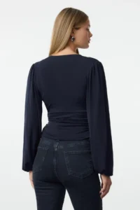 TRENDYOLMİLLA Navy Blue Double breasted Ruffle/Drape Detailed Long Sleeve Flexible Knitting Blouse - Image 5