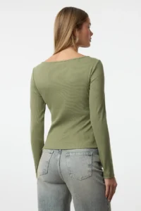 TRENDYOLMİLLA Khaki Button Detailed Crew Neck Ribbed Flexible Regular Size Knitting Blouse - Image 5