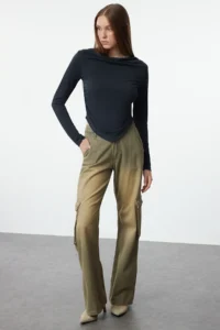 TRENDYOLMİLLA Anthracite Modal Fabric Off-Shoulder Neck Drapeli padded Asymmetric  Knitting Blouse - Image 2