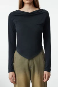 TRENDYOLMİLLA Anthracite Modal Fabric Off-Shoulder Neck Drapeli padded Asymmetric  Knitting Blouse - Image 4