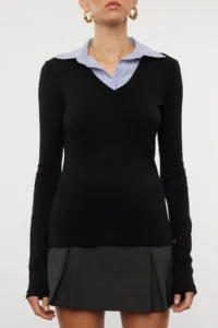 TRENDYOLMİLLA Black Weaving Detailed Shirt Collar Regular/Normal Pattern Knitting Blouse - Image 3