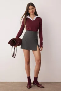 TRENDYOLMİLLA Burgundy Weaving Detailed Shirt Collar Regular/Normal Pattern Knitting Blouse