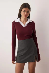 TRENDYOLMİLLA Burgundy Weaving Detailed Shirt Collar Regular/Normal Pattern Knitting Blouse - Image 2