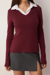 TRENDYOLMİLLA Burgundy Weaving Detailed Shirt Collar Regular/Normal Pattern Knitting Blouse - Image 3