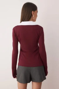 TRENDYOLMİLLA Burgundy Weaving Detailed Shirt Collar Regular/Normal Pattern Knitting Blouse - Image 4