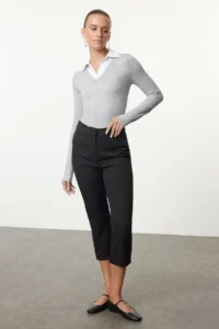 TRENDYOLMİLLA Gray Melanj Weaving Detailed Shirt Collar Regular/Normal Pattern Knitting Blouse