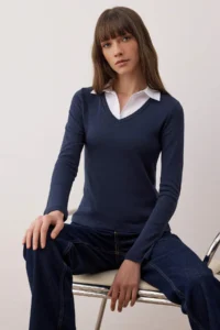 TRENDYOLMİLLA Navy Blue Weaving Detailed Shirt Collar Regular/Normal Pattern Knitting Blouse