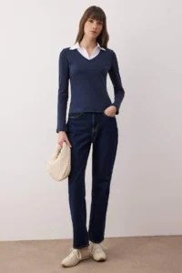 TRENDYOLMİLLA Navy Blue Weaving Detailed Shirt Collar Regular/Normal Pattern Knitting Blouse - Image 2