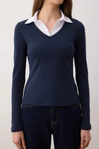 TRENDYOLMİLLA Navy Blue Weaving Detailed Shirt Collar Regular/Normal Pattern Knitting Blouse - Image 3