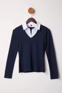 TRENDYOLMİLLA Navy Blue Weaving Detailed Shirt Collar Regular/Normal Pattern Knitting Blouse - Image 5