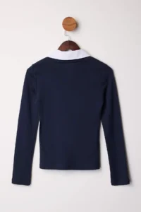 TRENDYOLMİLLA Navy Blue Weaving Detailed Shirt Collar Regular/Normal Pattern Knitting Blouse - Image 7