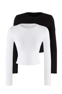 TRENDYOLMİLLA Black-Ecru 2 Sets Package Crop/Short Fitted/Body-Sitting Knitting Blouse - Image 8