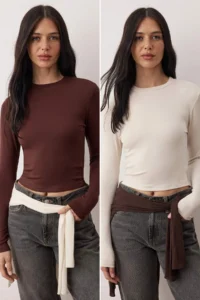 TRENDYOLMİLLA Stone-Dark Brown 2 Sets Package Crop/Short Fitted/Body-Fitting Knitting Blouse