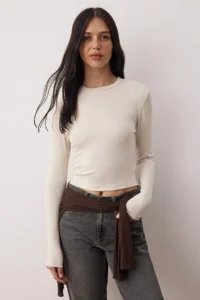 TRENDYOLMİLLA Stone-Dark Brown 2 Sets Package Crop/Short Fitted/Body-Fitting Knitting Blouse - Image 2