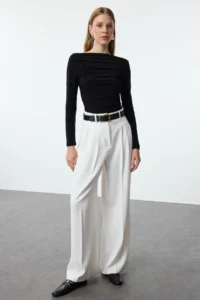 TRENDYOLMİLLA Black Boat Neck Draped Flexible Knitting Blouse - Image 2