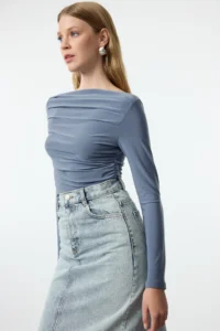 TRENDYOLMİLLA Indigo Boat Neck Draped Flexible Knitting Blouse - Image 2