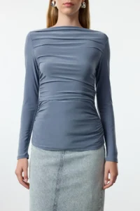 TRENDYOLMİLLA Indigo Boat Neck Draped Flexible Knitting Blouse - Image 4