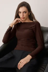 TRENDYOLMİLLA Brown Boat Neck Draped Flexible Knitting Blouse