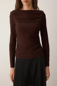 TRENDYOLMİLLA Brown Boat Neck Draped Flexible Knitting Blouse - Image 3