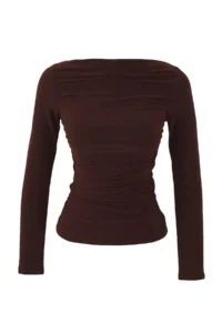 TRENDYOLMİLLA Brown Boat Neck Draped Flexible Knitting Blouse - Image 5