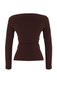 TRENDYOLMİLLA Brown Boat Neck Draped Flexible Knitting Blouse - Image 6