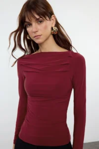 TRENDYOLMİLLA Burgundy Boat Neck Draped Flexible Knitting Blouse - Image 2