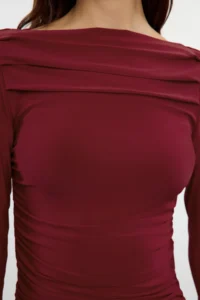 TRENDYOLMİLLA Burgundy Boat Neck Draped Flexible Knitting Blouse - Image 4